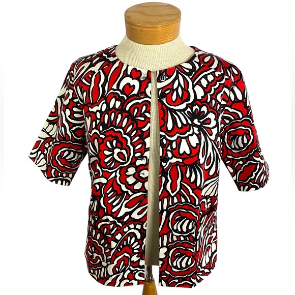 WD•NY Red Black White Floral, Short Sleeve Jacket Sz 10 - Picture 1 of 9